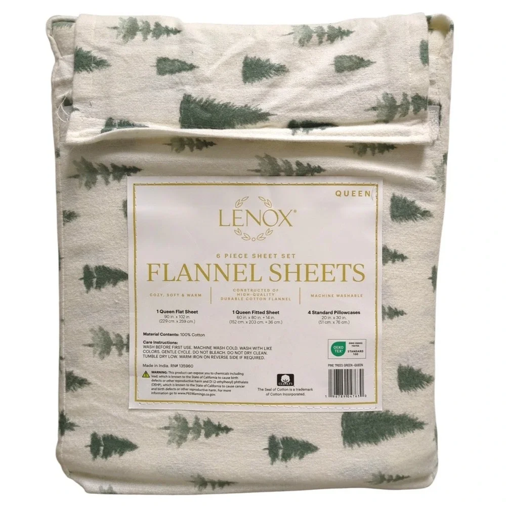 Lenox 6-Piece 100% Cotton Flannel Sheet Set Queen Pine Trees Green White Holiday
